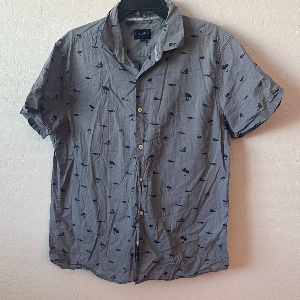 Steel & Jelly men’s 100% cotton blue XL button up dress shirt top ocean shark‎